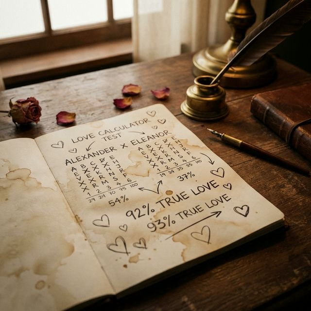 A romantic notebook showing a paper love calculator with numbers and hearts